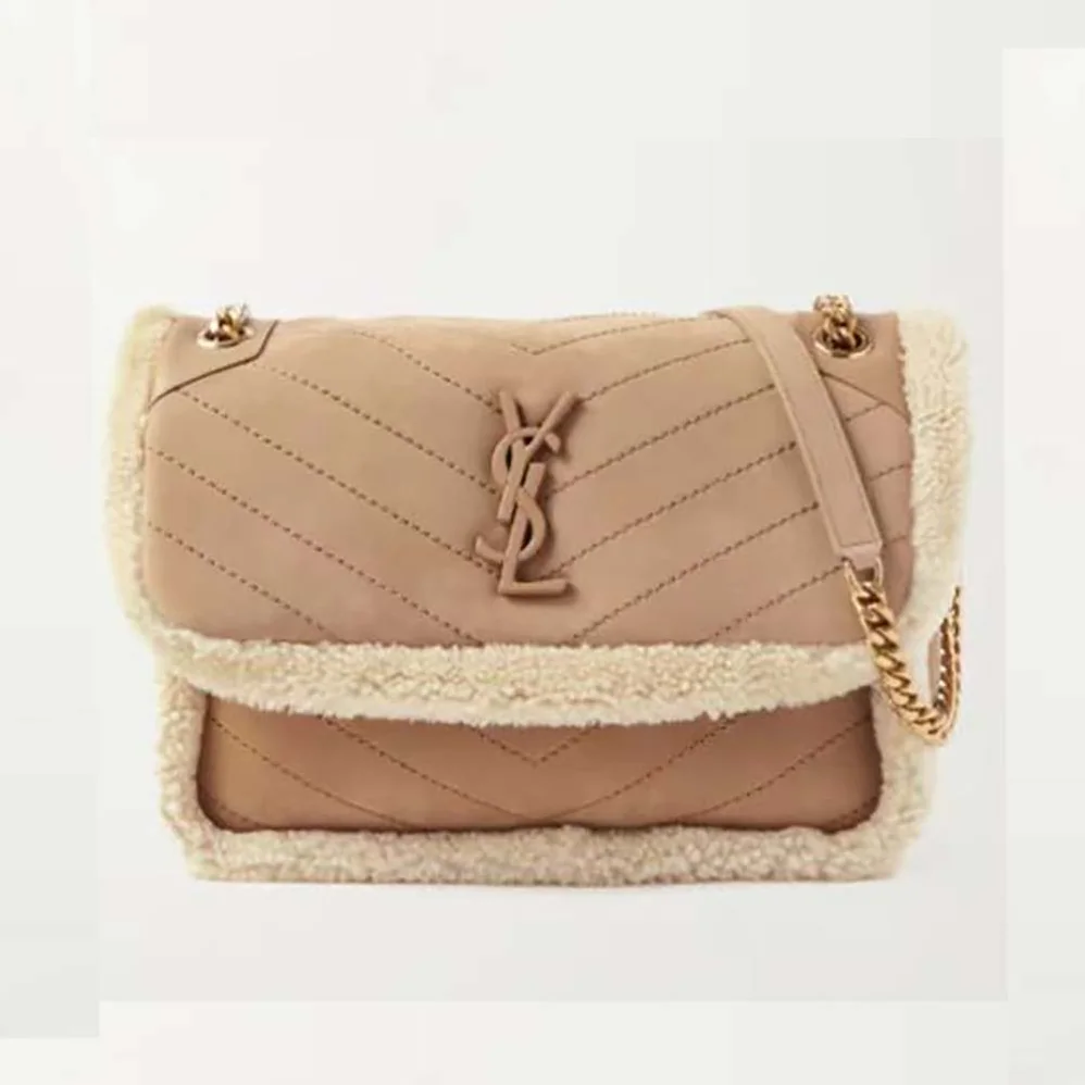 Saint Laurent YSL Niki Medium Chain Bag in Crinkled Leather and Shearling for Women in Brown