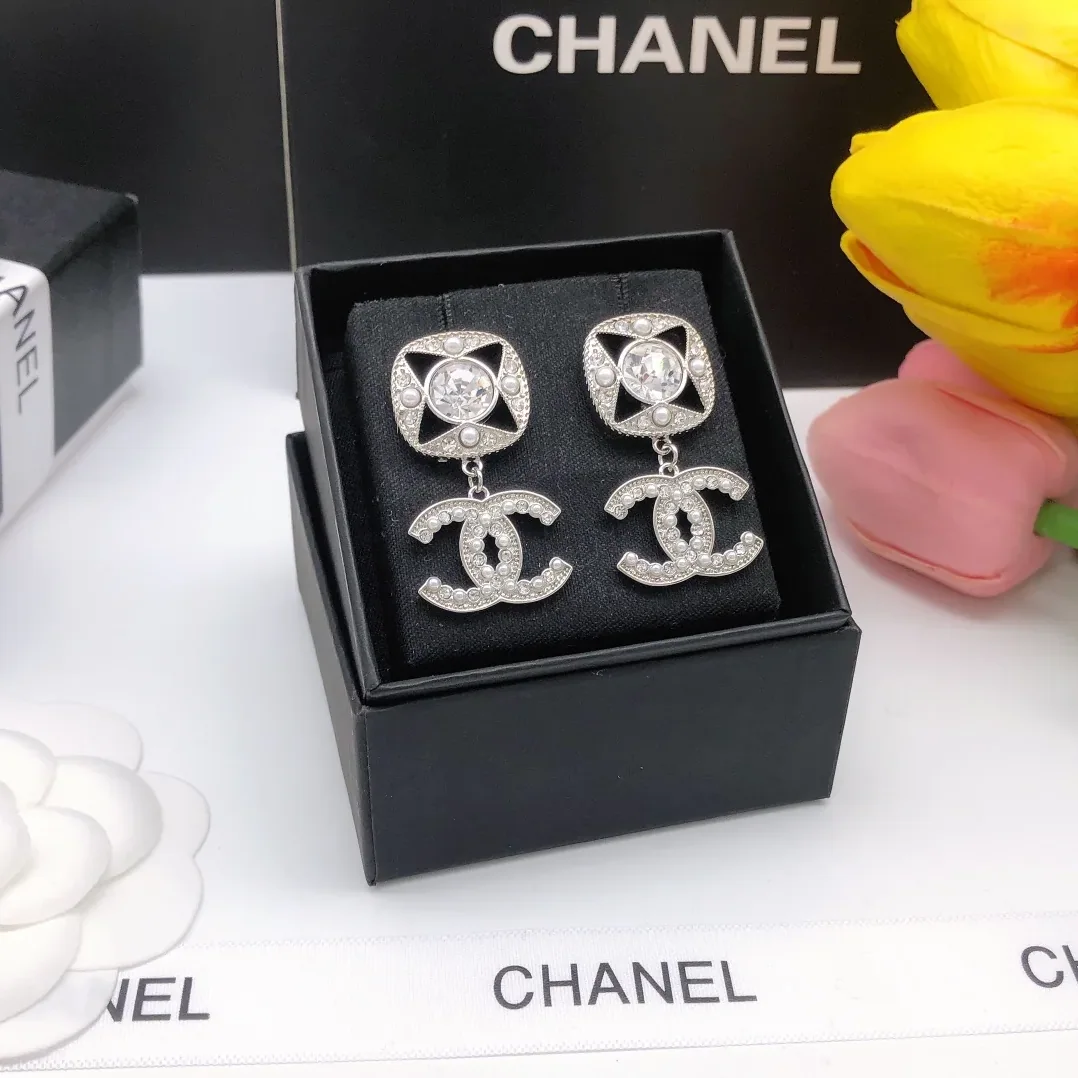 Chanel Square Double C Stud Earrings White