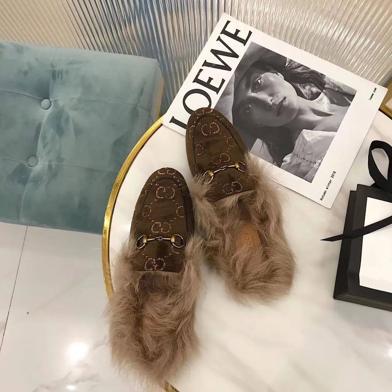 Gucci Princetown Velvet Fur Slipper Mules Calfskin Leather Pre-Fall/Winter Collection, Brown Gucci Princetown Velvet Fur Slipper Mules Calfskin Leather Pre-Fall/Winter Collection, Brown