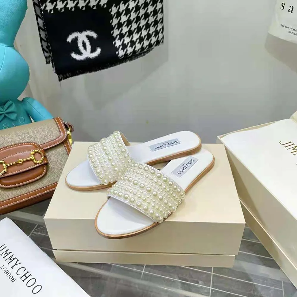 Jimmy Choo Minea Flat White Satin Flats with All for Women in Over Pearls