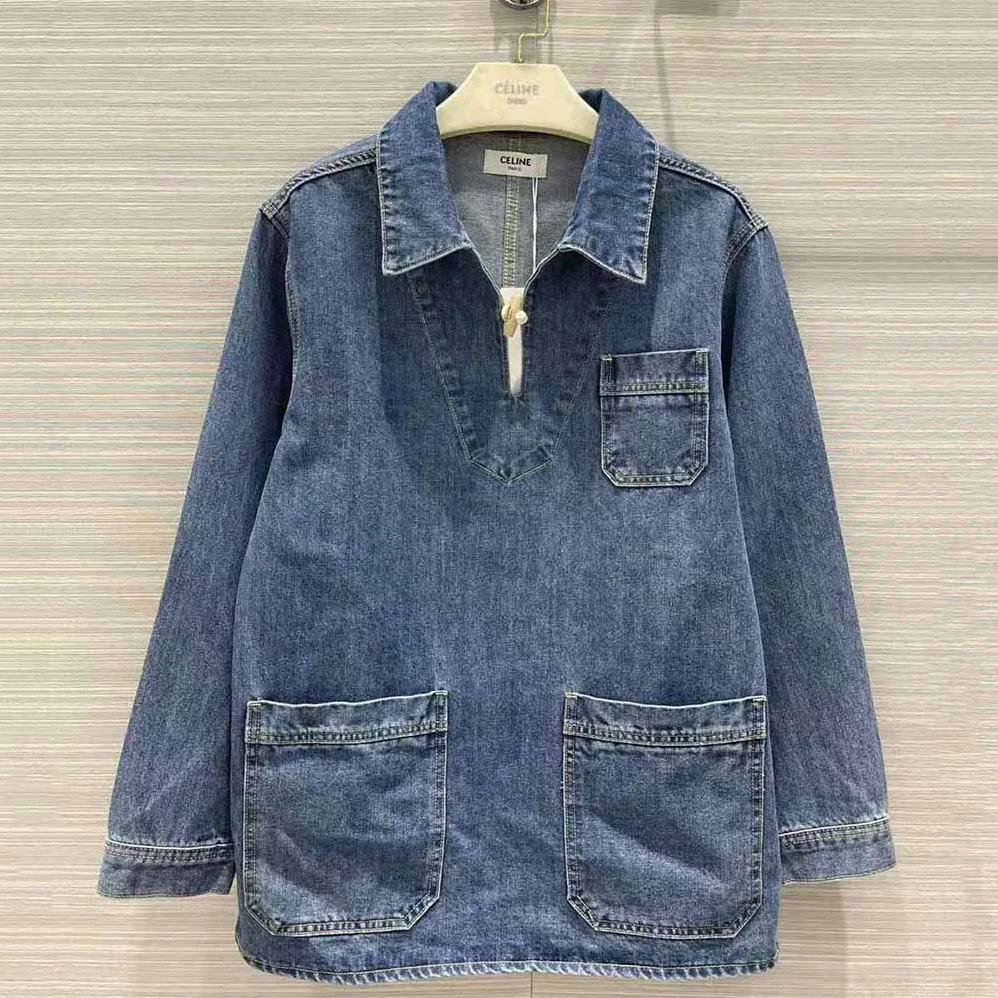 Celine Open-Collar Sweater in Pacific Sky Wash Denim for Women in Navy