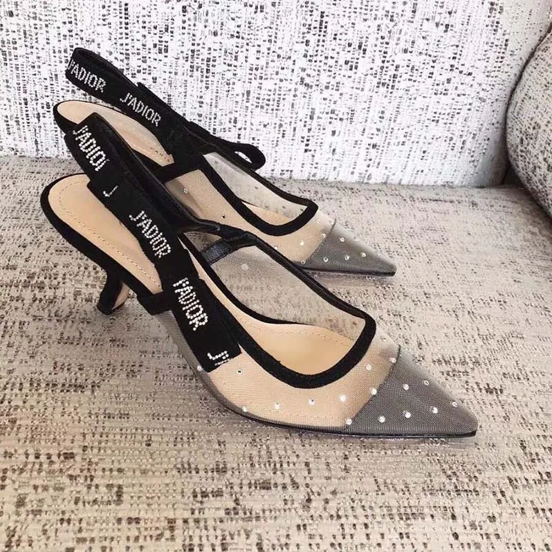 Dior J'Adior Slingback Nude Dotted Swiss Rhinestones Ribbon Adorned Rhinestones for Women
