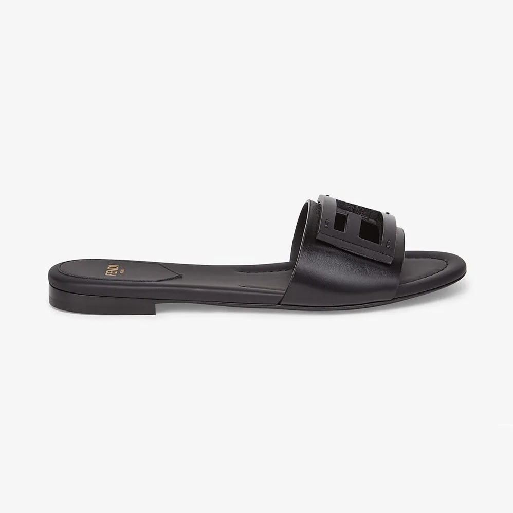 Fendi Signature Black Leather Slides in 0.4 inches Heel Height for Women