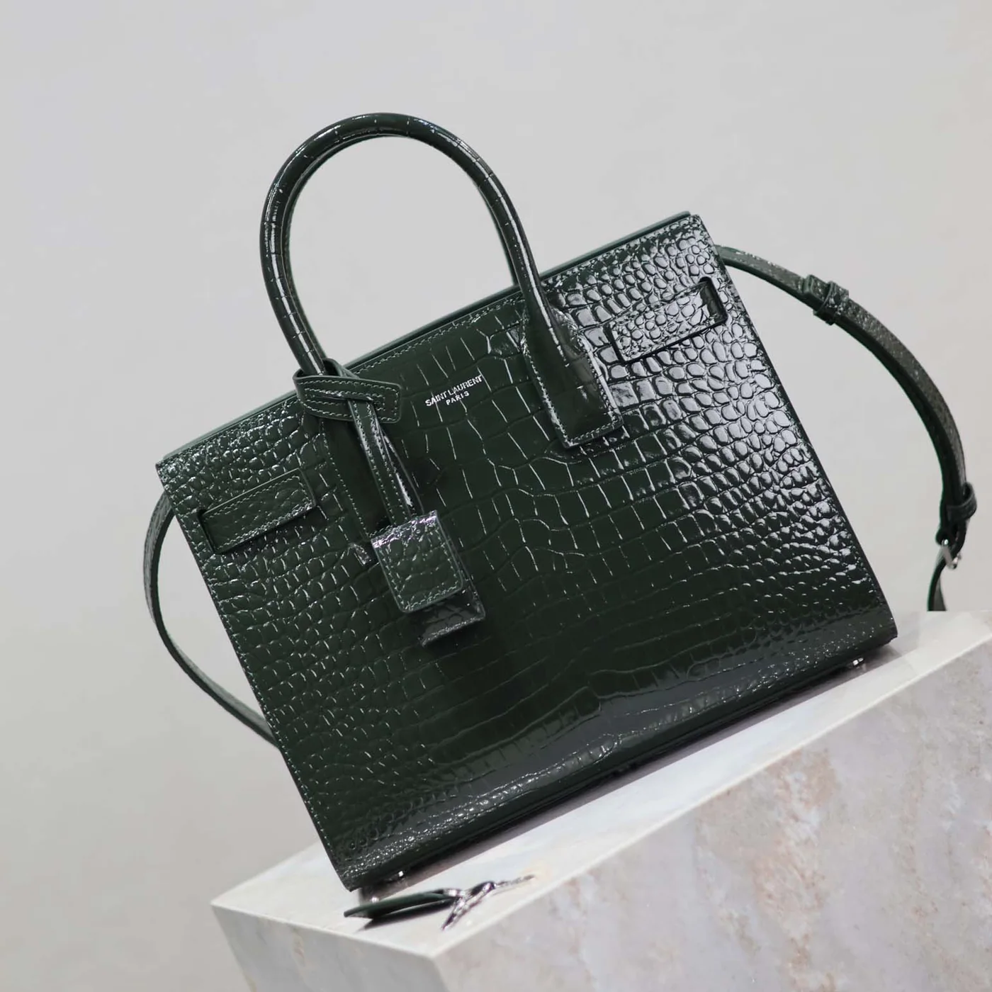 Saint Laurent YSL Sac De Jour in Embossed Crocodile Leather Baby for Women in Dark Green
