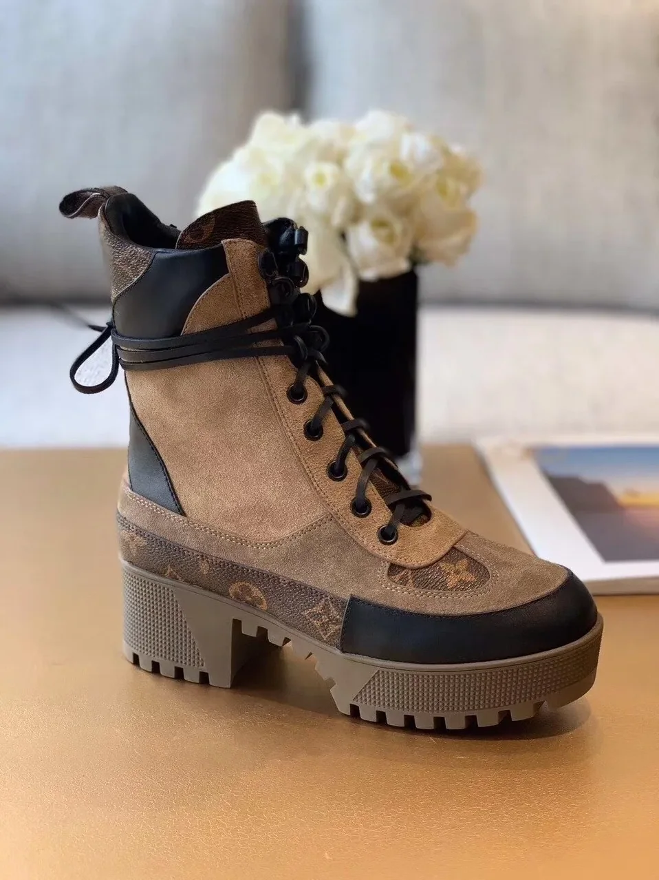 Louis Vuitton Laureate Desert Boots Patent Monogram Material Brown LV 1A4XYE