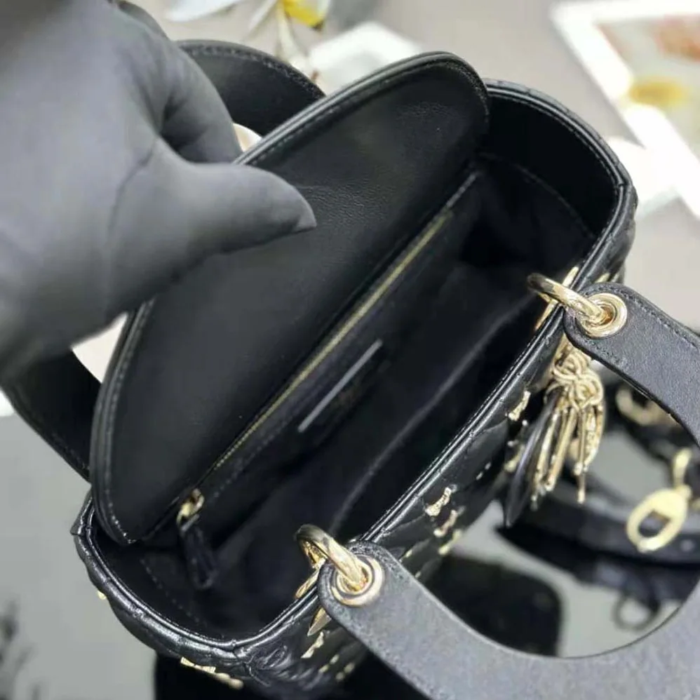 Dior Small Lady Dior Bag Black Cannage Lambskin with Gold for Women in Finish Butterfly Studs