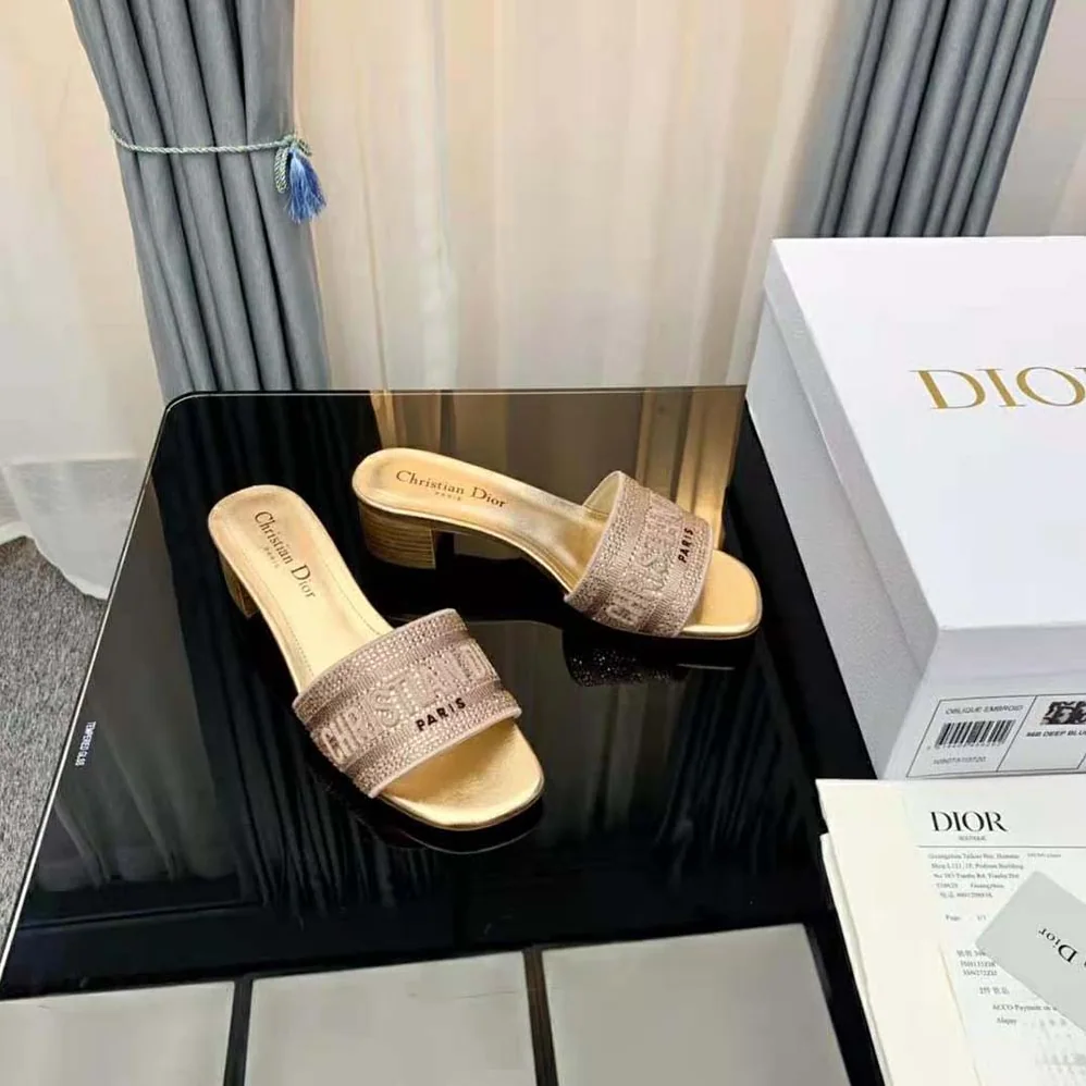 Dior Dway Heeled Slide Gold for Women in Tone Cotton Embroidered Dior Dway Heeled Slide Gold for Women in Tone Cotton Embroidered