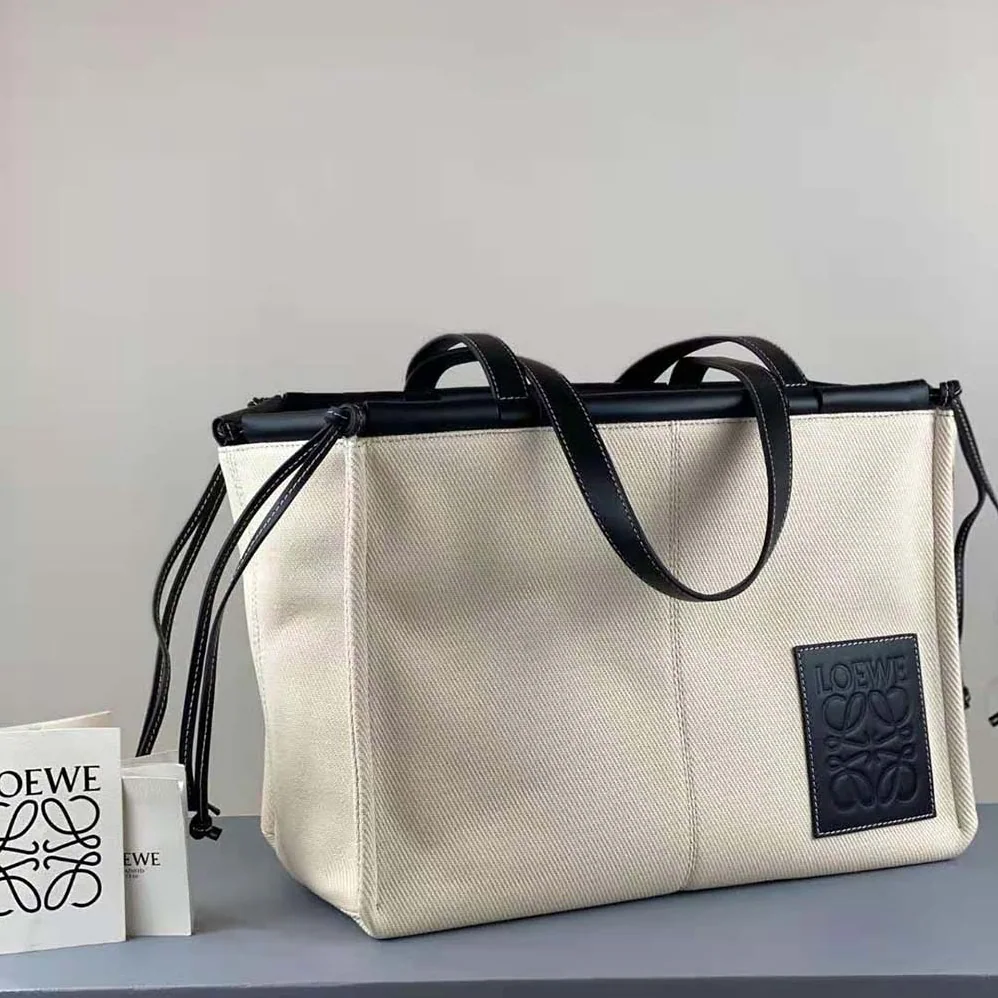 Loewe Cushion Tote Bag in Canvas and Calfskin for Women in Black
