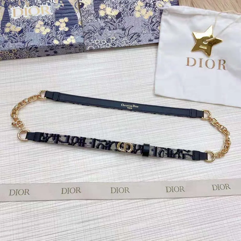 Dior Caro Belt Blue Dior Oblique Jacquard with Shiny Gold-Finish Metal 15 MM for Women