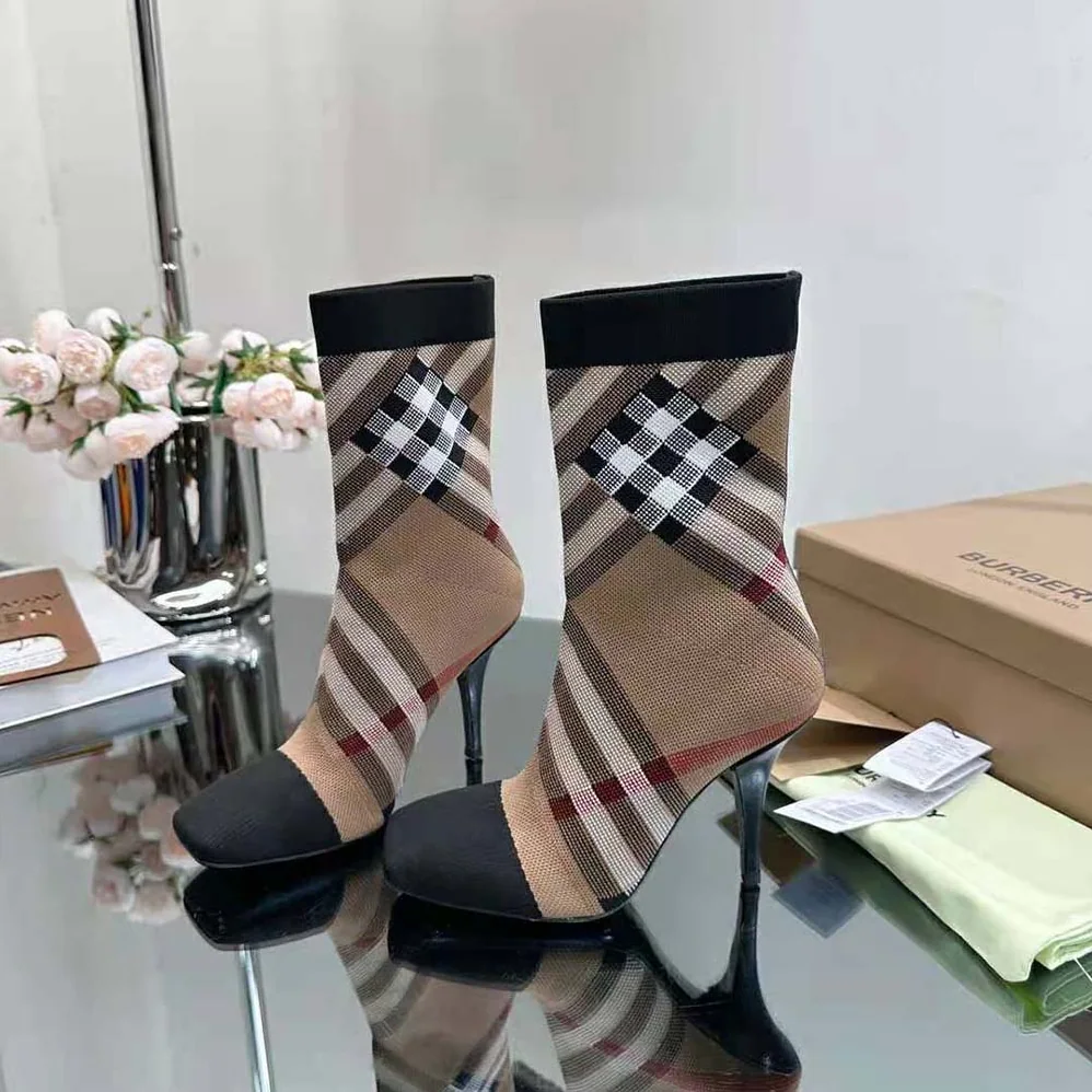 Burberry Knitted Check Sock Boots for Women in Black