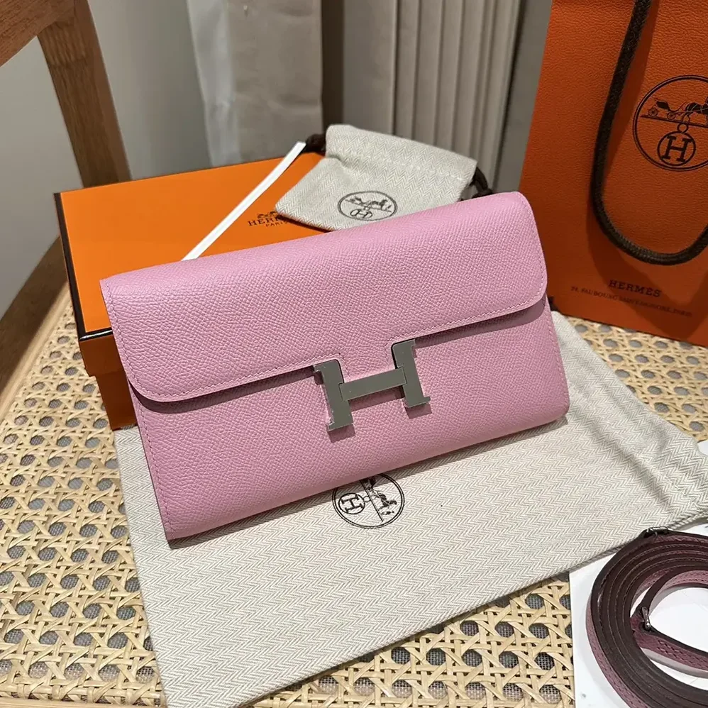 Hermes Constance Long To Go in Epsom Leather for Women in Pink/Silver