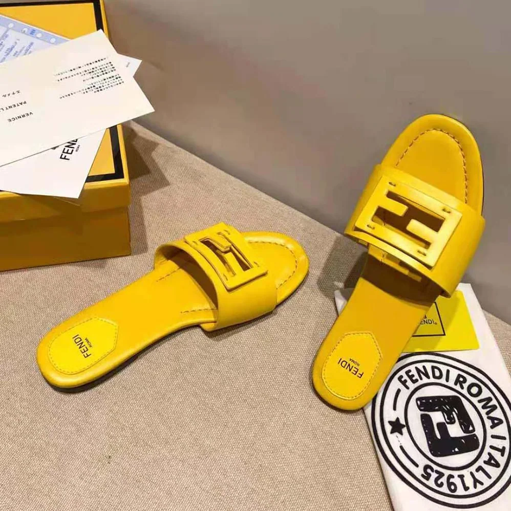 Fendi Signature Yellow Leather Slides in 0.4 inches Heel Height for Women
