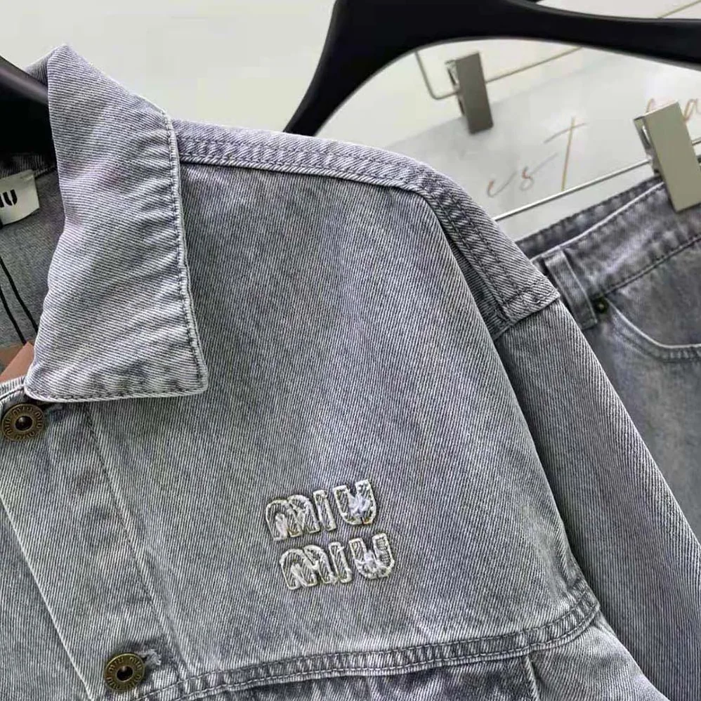 Miu Miu Denim Blouson Jacket with Embroidered Logo for Women