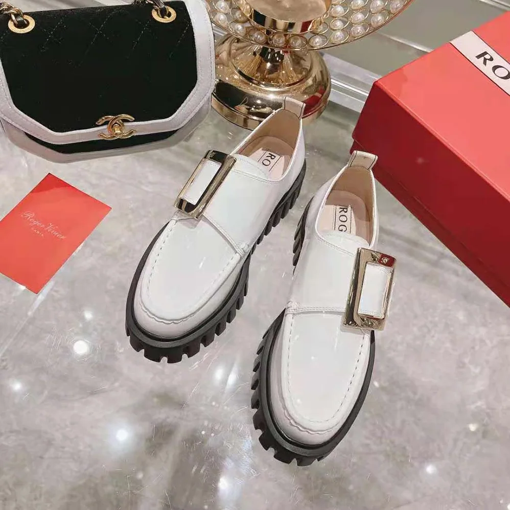 Roger Vivier Viv' Go-Thick Metal Buckle Loafers in Patent Leather for Women in White Roger Vivier Viv' Go-Thick Metal Buckle Loafers in Patent Leather for Women in White