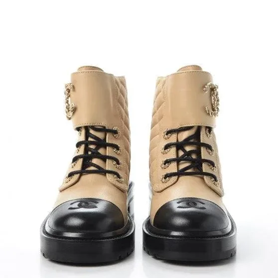 Calfskin Quilted Lace Up Combat Boots