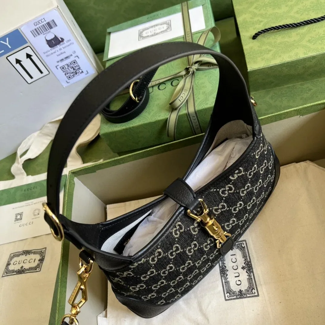 Gucci Jackie 1961 Small Shoulder Bag Black And Ivory GG Denim Jacquard /