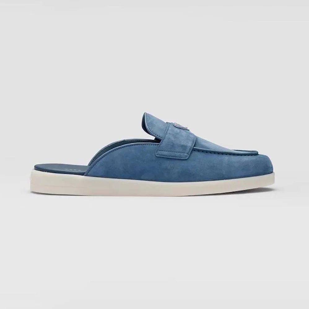 Prada Suede Sabots with the Enameled Metal Triangle Logo for Men