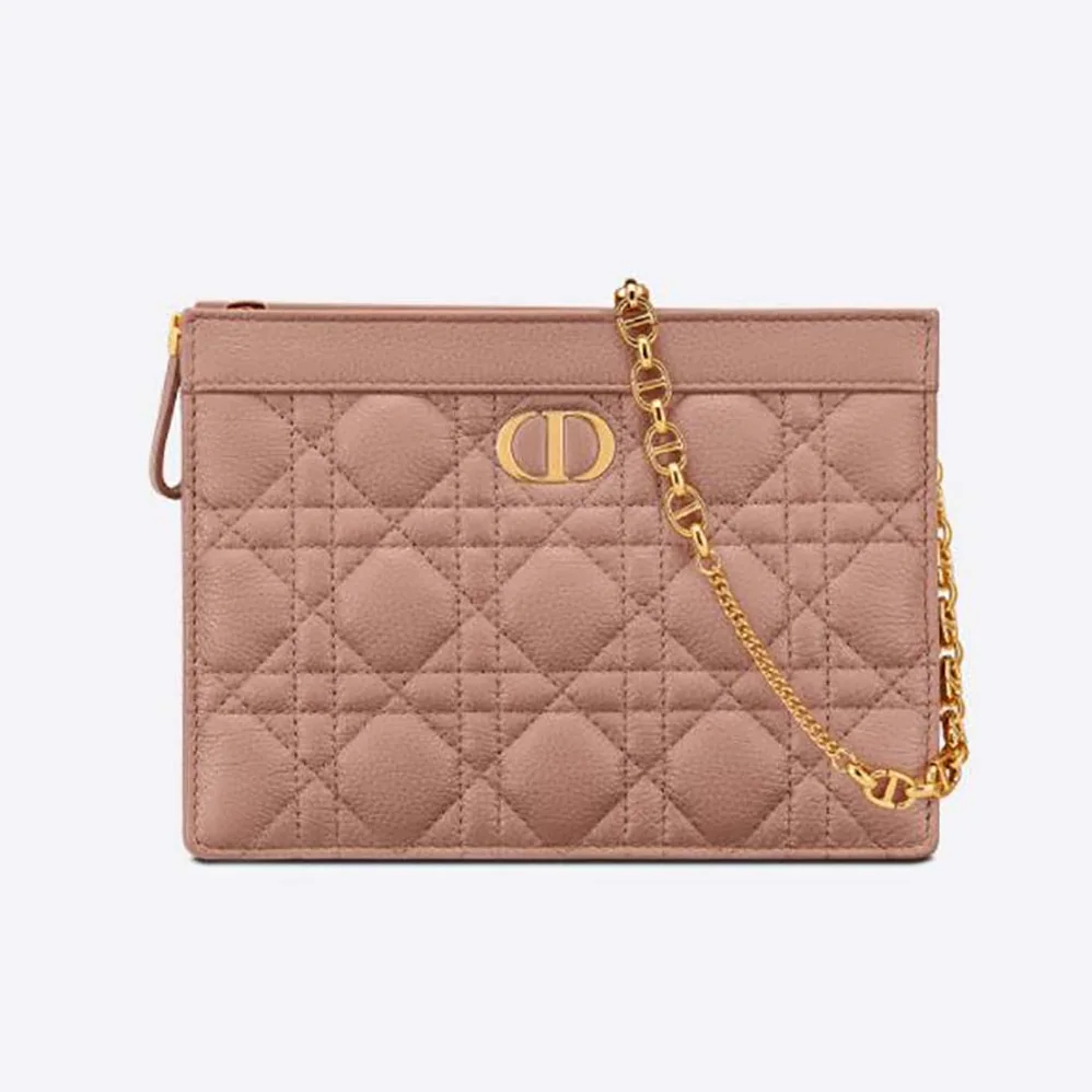Dior Caro Zipped Pouch with Chain Cedar Green Supple Cannage Calfskin for Women in Pink Dior Caro Zipped Pouch with Chain Cedar Green Supple Cannage Calfskin for Women in Pink