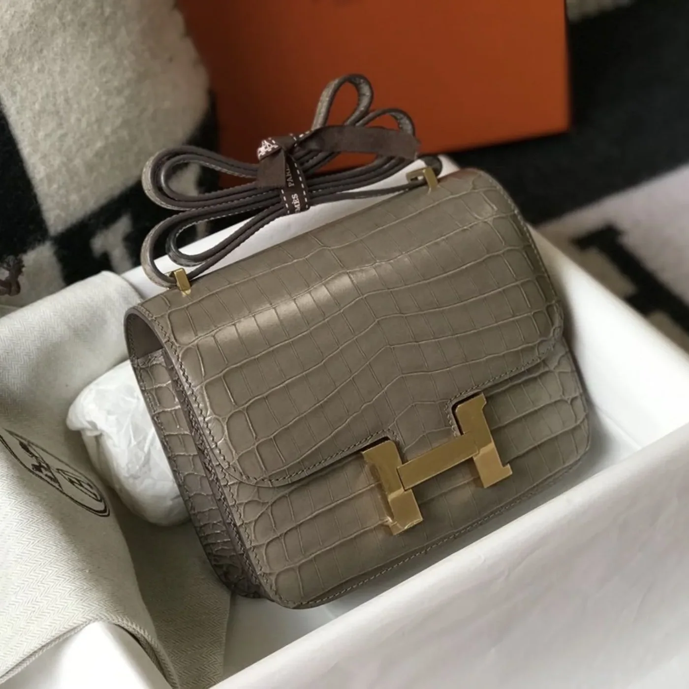 Hermes Mini Constance Bag Grey Gold Color Hardware /