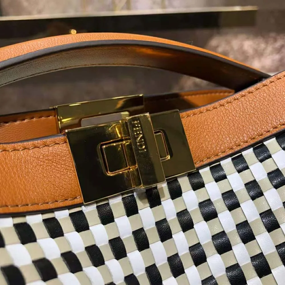 Fendi Peekaboo Iconic Essentially Check Interlace Bag for Women in Brown Fendi Peekaboo Iconic Essentially Check Interlace Bag for Women in Brown