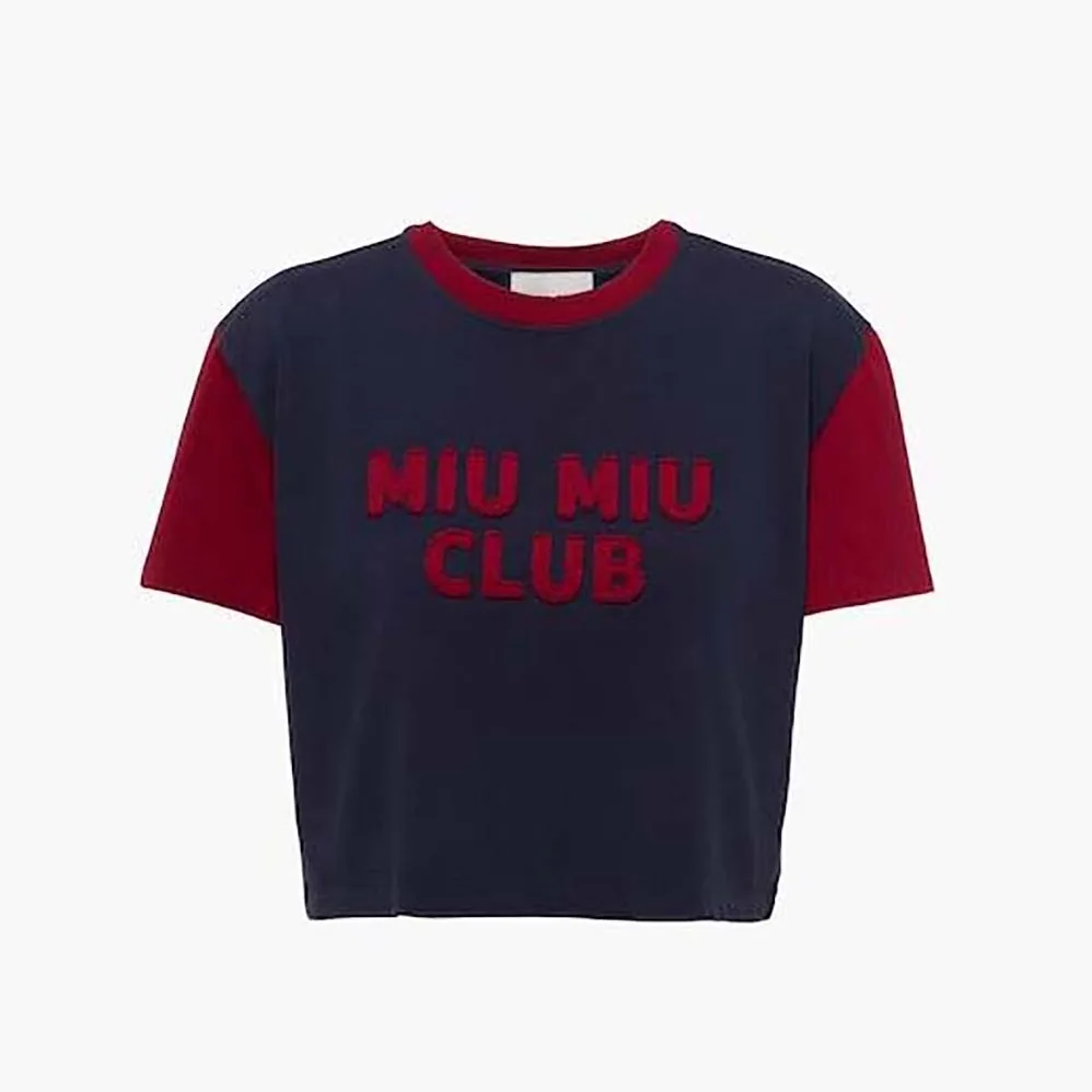 Miu Miu Jersey T-shirt with Embroidered Logo for Women in Navy Miu Miu Jersey T-shirt with Embroidered Logo for Women in Navy