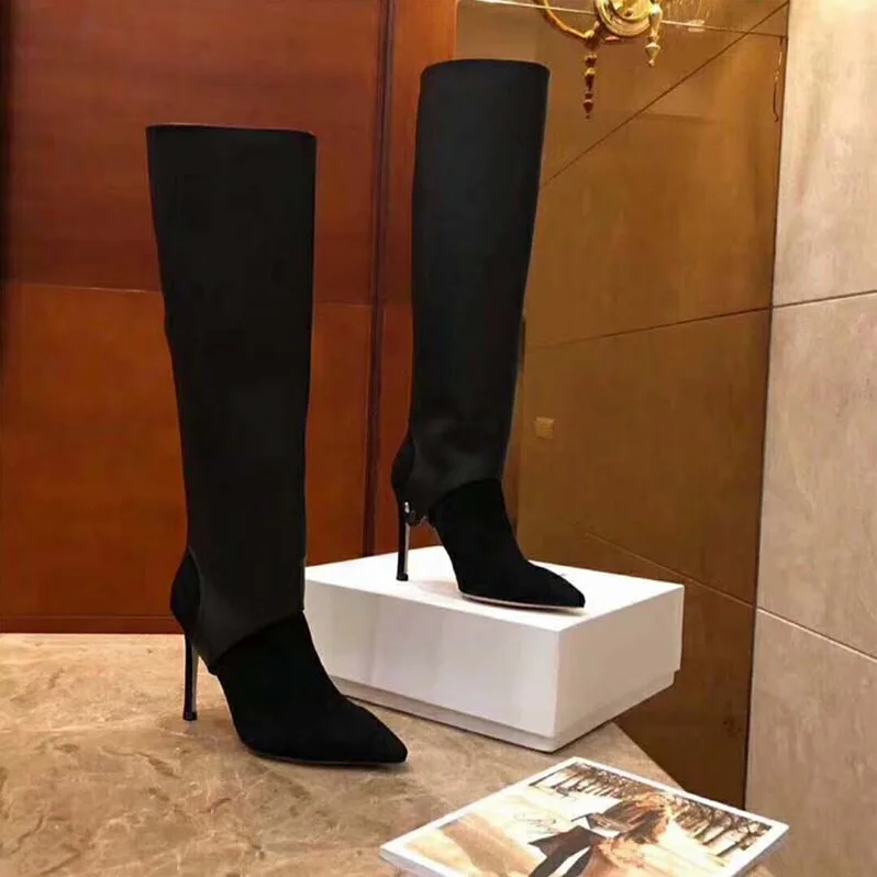 Jimmy Choo Shoes Hurley 100 Black Suede and Calf Leather Two-Piece Knee for Women in High Booties Jimmy Choo Shoes Hurley 100 Black Suede and Calf Leather Two-Piece Knee for Women in High Booties