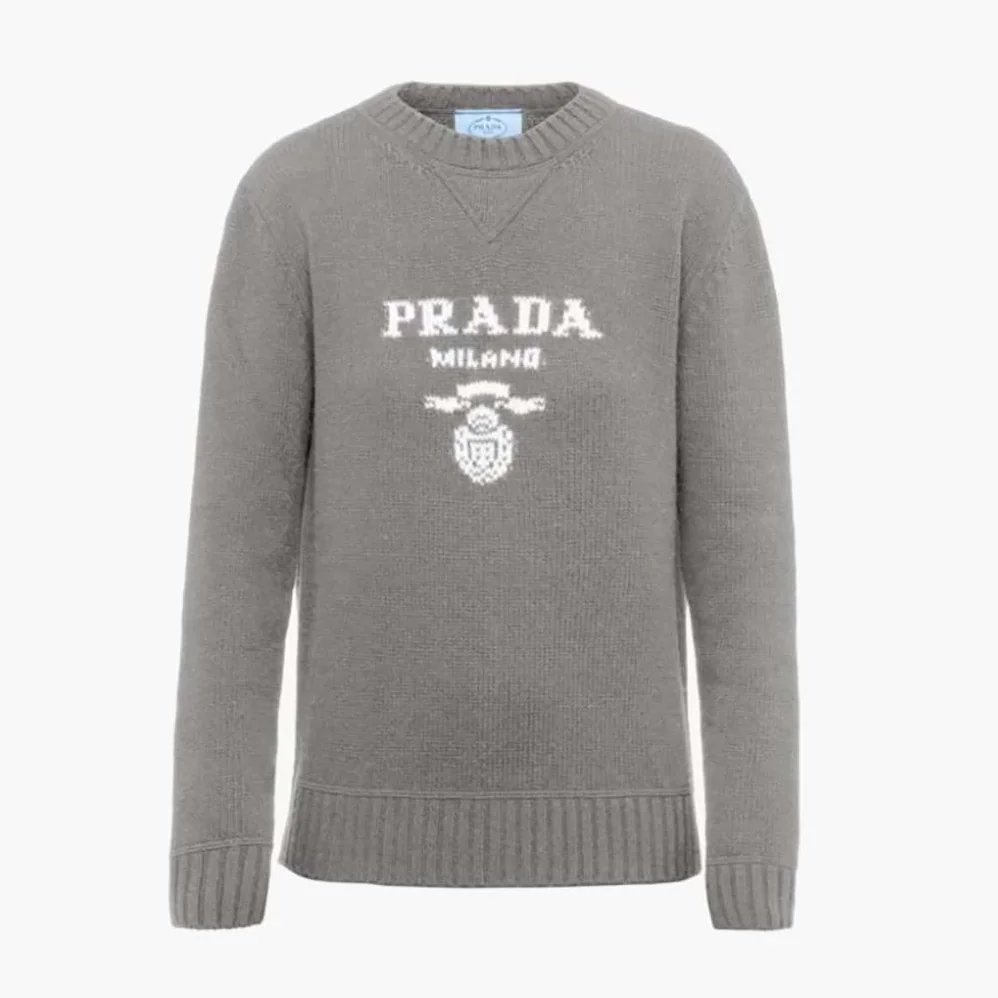 Prada Cashmere and Wool Prada Logo Crew-Neck Sweater for Women in Silver Prada Cashmere and Wool Prada Logo Crew-Neck Sweater for Women in Silver
