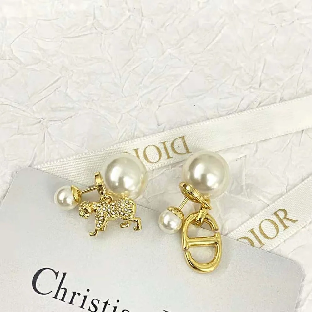 Dior Tribales Earrings Gold-Finish Metal with White Resin Pearls and Silver for Women in Tone Crystals