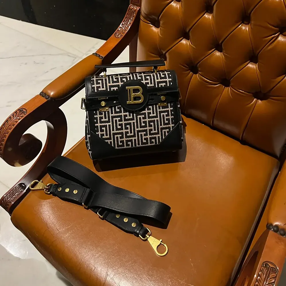 Balmain Bicolor Khaki and Black Calfskin Jacquard B for Women in Buzz Bag