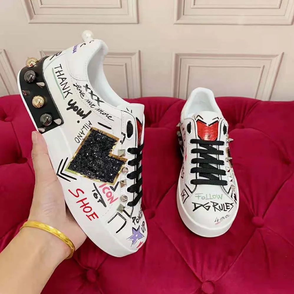 Dolce Gabbana D&G Printed Calfskin Portofino Sneakers with Patch for Unisex
