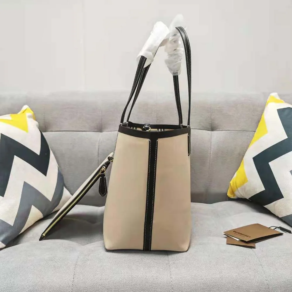 Burberry Label Print Cotton and Leather Small London Tote Bag for Women