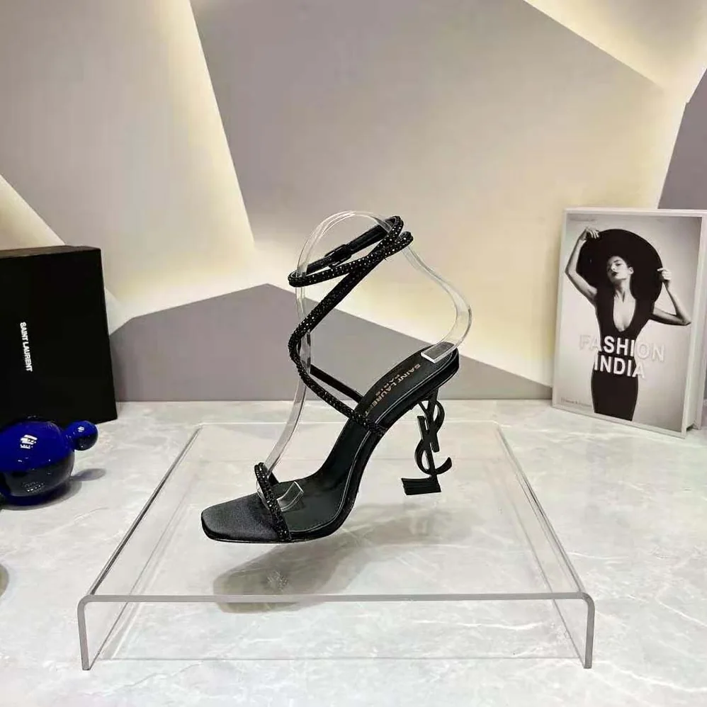 Saint Laurent YSL Opyum Sandals in Crepe Satin and Rhinestones for Women