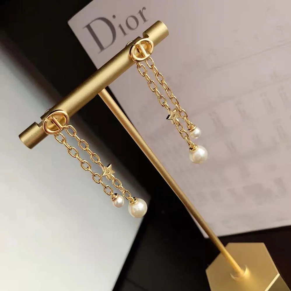 Dior CD Navy Earrings Gold-Finish Metal and White Resin Pearls for Women