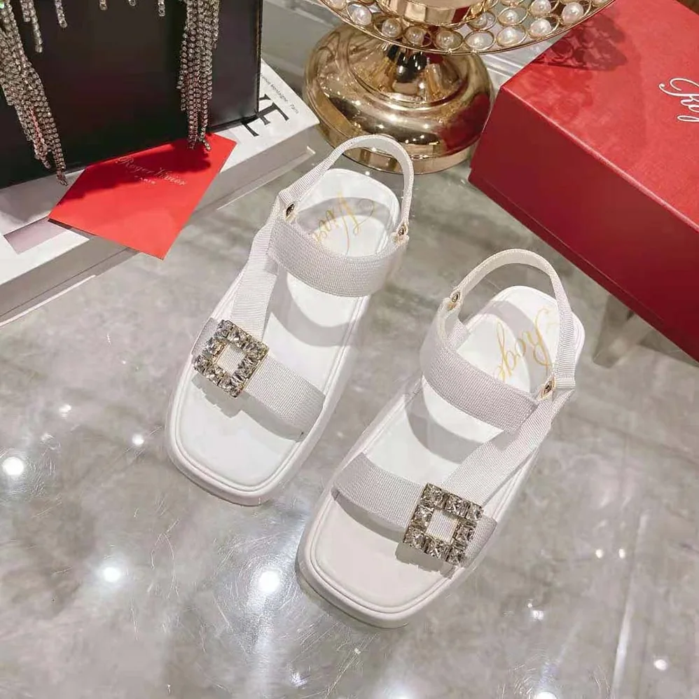 Roger Vivier Vivier Slide Trekky Strass Buckle Sandals in Fabrics for Women in White