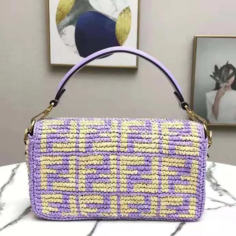 Fendi Baguette Large Lilac FF Raffia Bag for Women