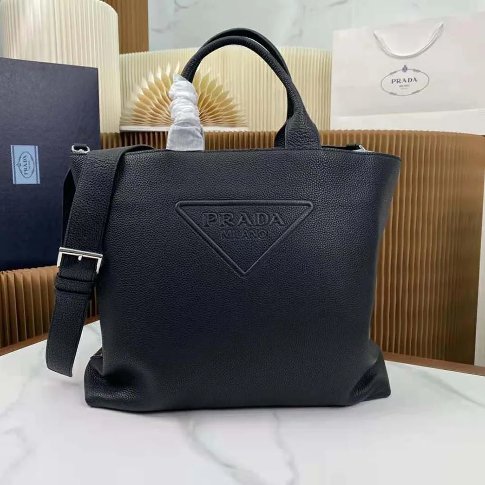 Prada Leather Tote with Enameled Metal Triangle Logo for Men in Black Prada Leather Tote with Enameled Metal Triangle Logo for Men in Black