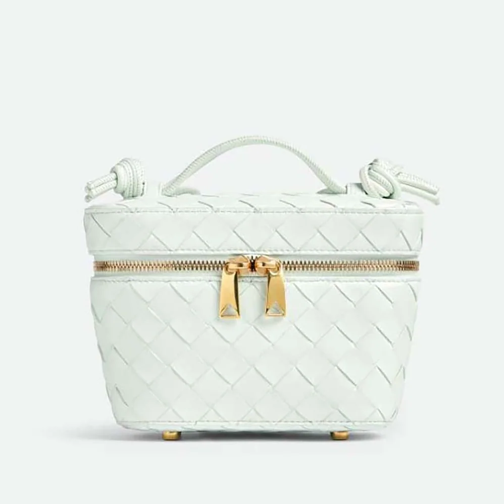 Bottega Veneta Mini Intrecciato Leather Vanity Case with Cross-Body Strap for Women in White Bottega Veneta Mini Intrecciato Leather Vanity Case with Cross-Body Strap for Women in White