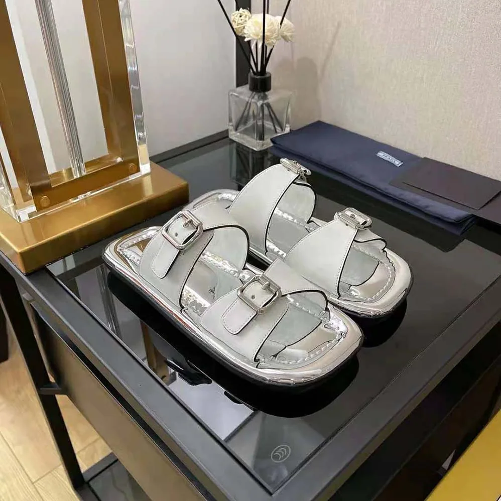 Prada Leather Sandals With Metal Buckle on the Upper for Women in Silver Prada Leather Sandals With Metal Buckle on the Upper for Women in Silver