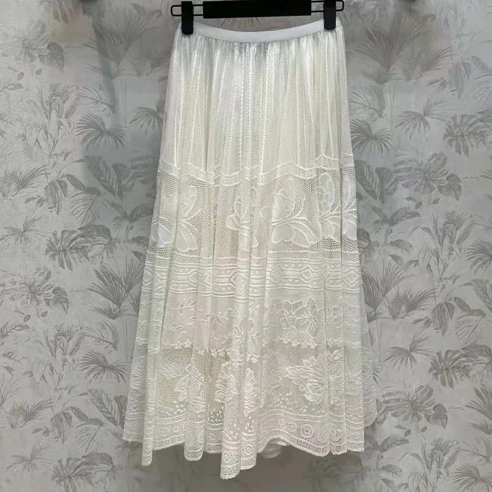 Dior Flared Mid-Length Skirt Ecru Technical Cotton Lace with D for Women in Lace Butterfly Motif Dior Flared Mid-Length Skirt Ecru Technical Cotton Lace with D for Women in Lace Butterfly Motif