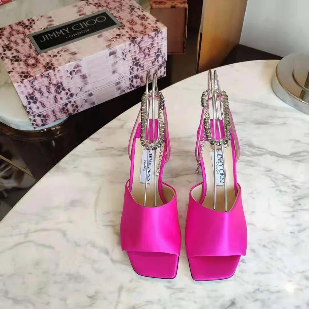 Jimmy Choo Sae 90 Fuchsia Satin Sandals with Crystal Chain Embellishment for Women Jimmy Choo Sae 90 Fuchsia Satin Sandals with Crystal Chain Embellishment for Women