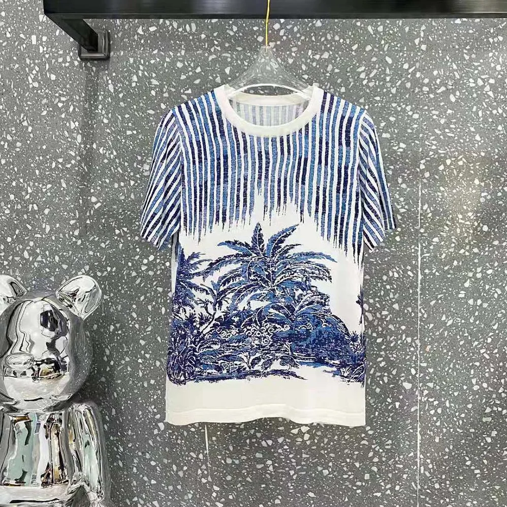 Dior T-shirt Navy Blue and White Cotton Jersey and Linen for Women