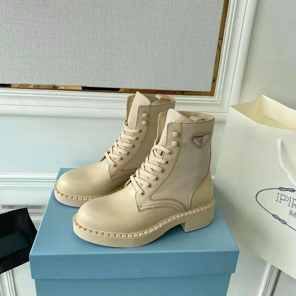 Prada Brushed-Leather and Re for Women in Nylon Boots
