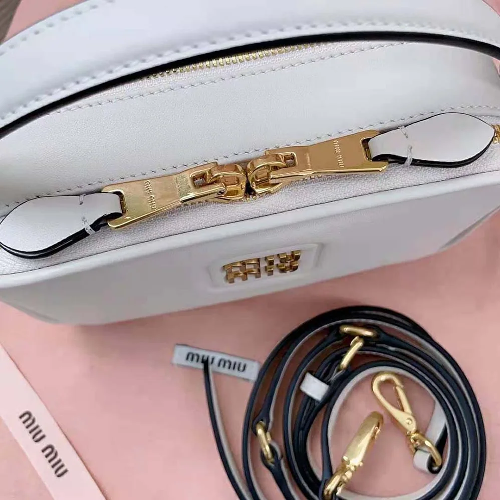 Miu Miu Arcadie Leather Bag with Metal Lettering Logo for Women in White Miu Miu Arcadie Leather Bag with Metal Lettering Logo for Women in White