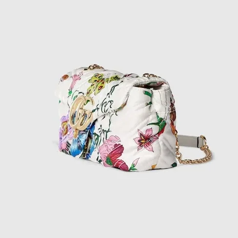Gucci Marmont Mini Shoulder Bag / White in Multicolor Flora Gold Hardware