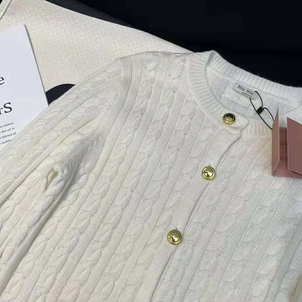 Miu Miu Cashmere Cardigan with Knit Logo Patch for Women Miu Miu Cashmere Cardigan with Knit Logo Patch for Women