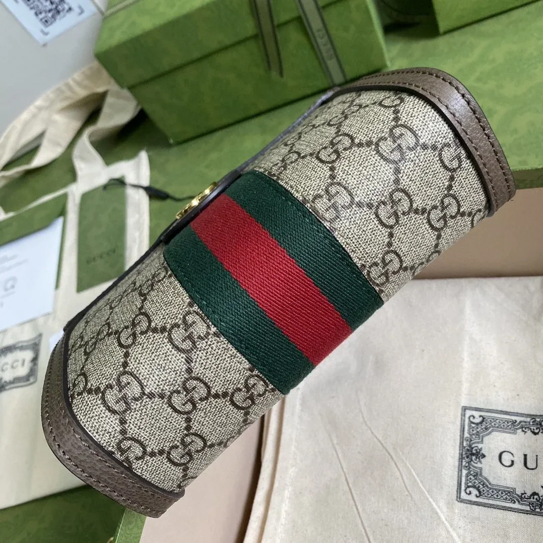 Gucci Ophidia Mini Shoulder Bag / Beige Ebony GG Supreme Canvas Gold Hardware