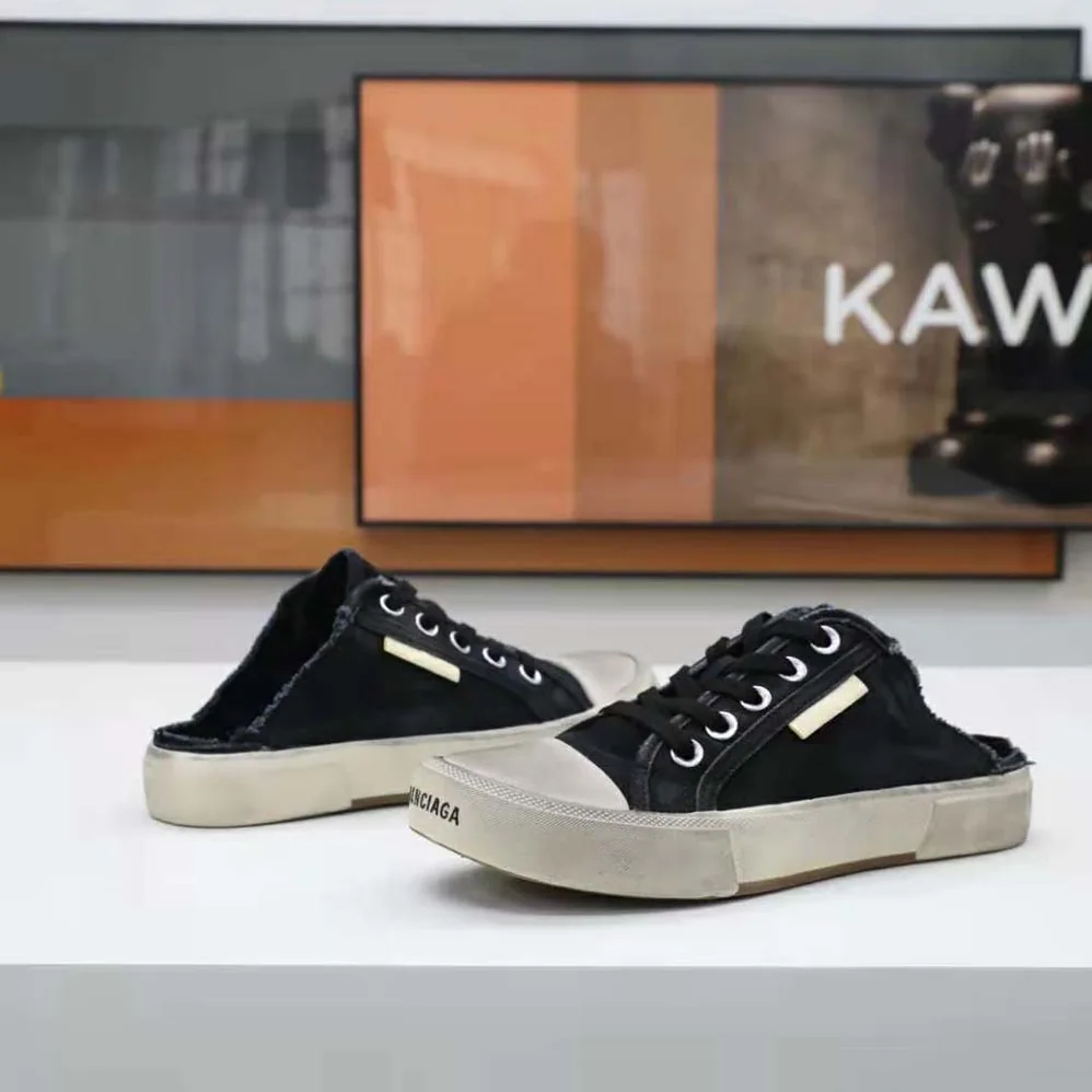 Balenciaga Paris Sneaker Mule in Black Destroyed Cotton and White Rubber for Unisex