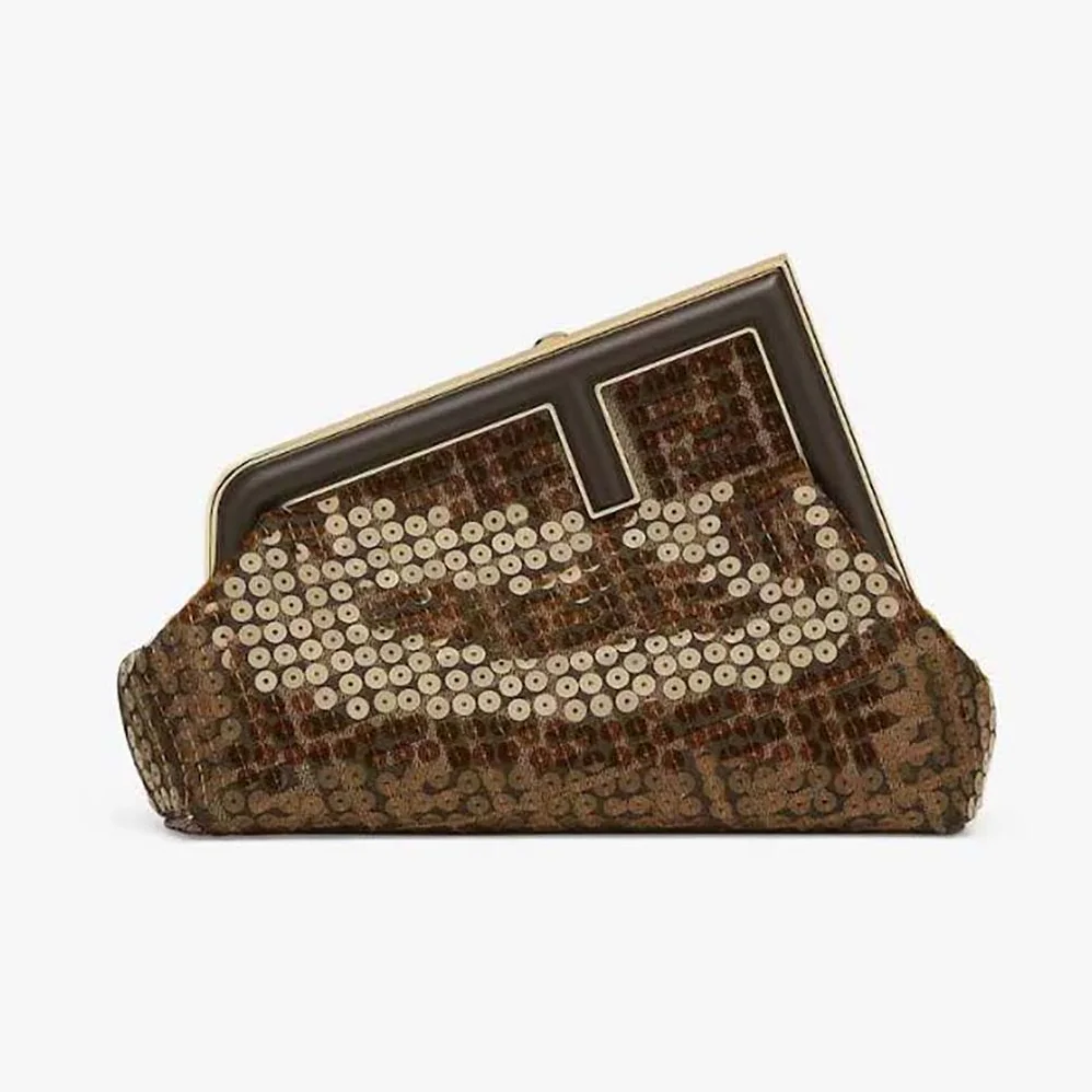 Fendi First Small Brown FF Jacquard Fabric Bag with Sequins for Women