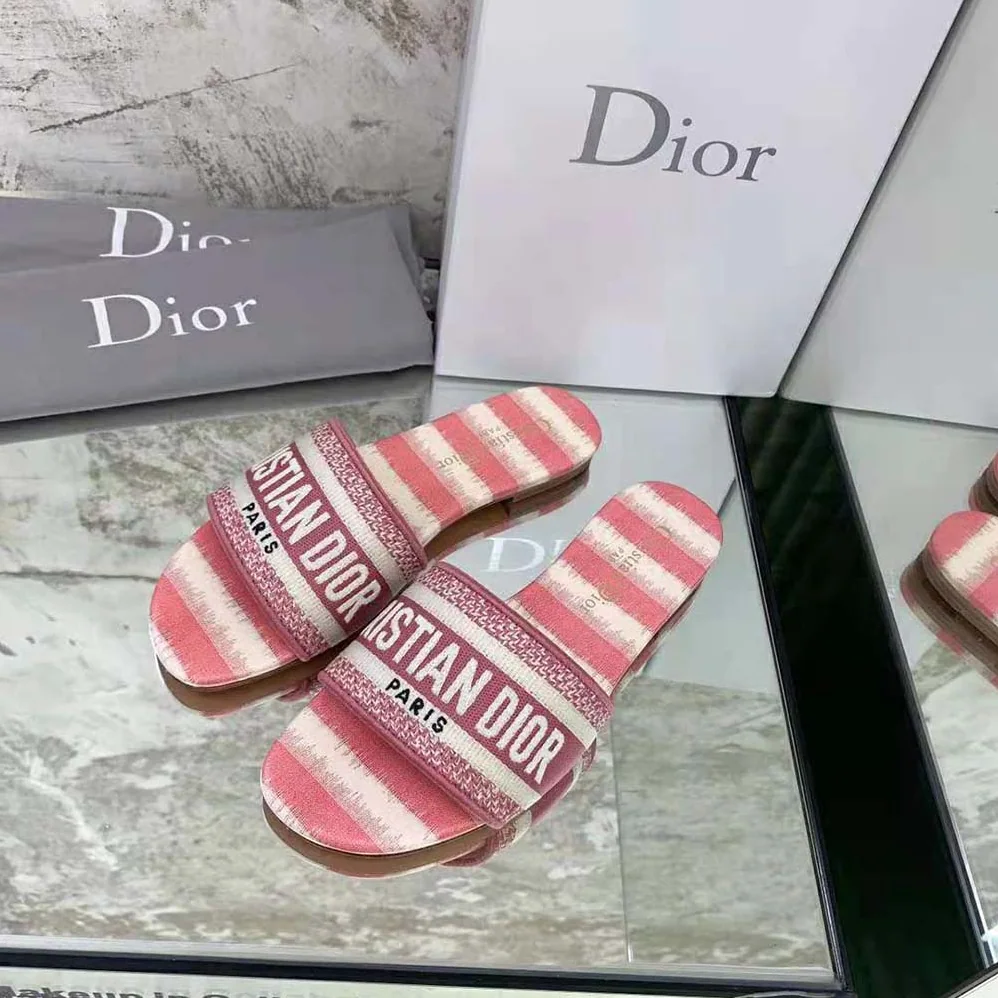 Dior Dway Slide Dark Nude D for Women in Stripes Embroidered Cotton Dior Dway Slide Dark Nude D for Women in Stripes Embroidered Cotton
