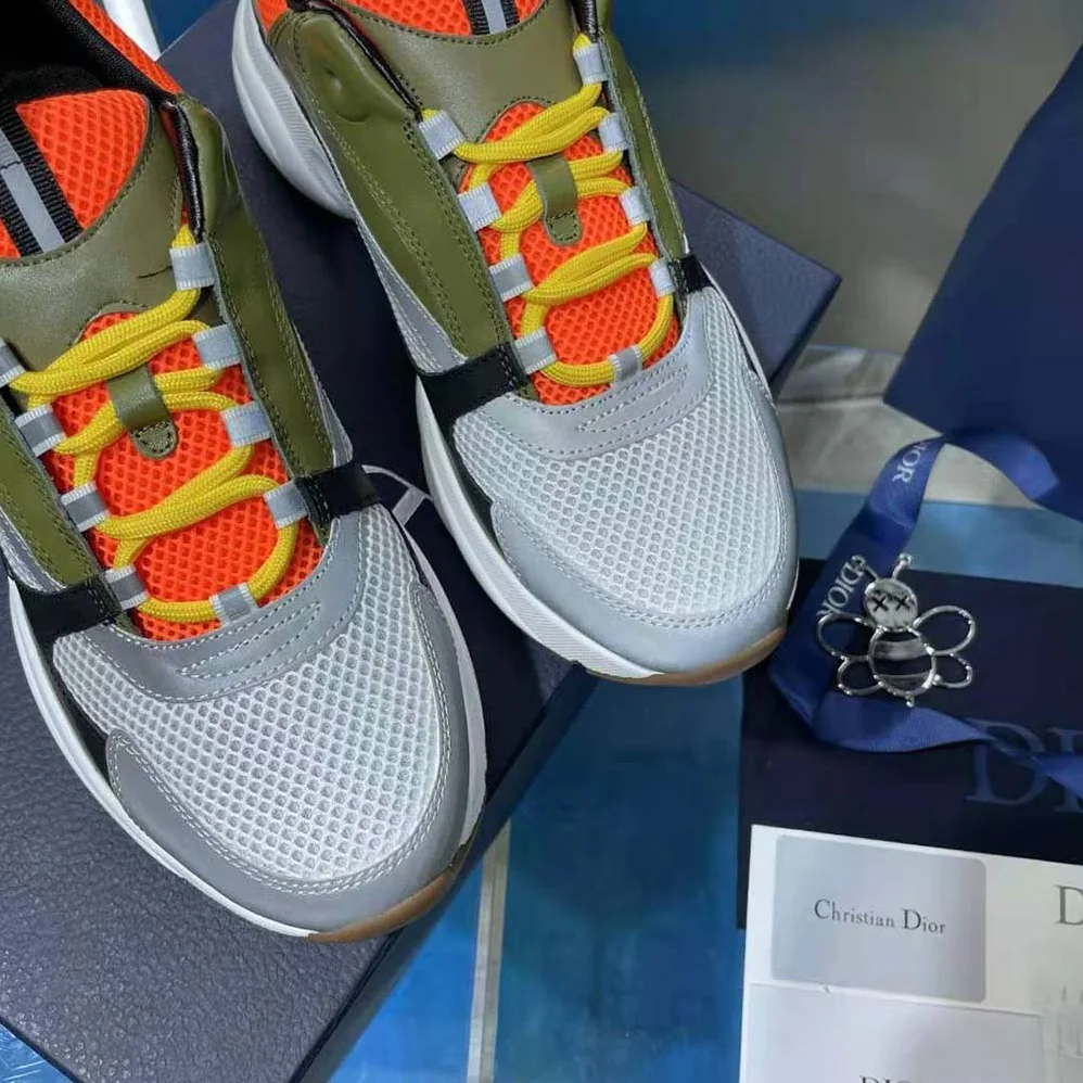 Dior B22 Sneaker Orange and White Technical Mesh with Khaki and Black Smooth Calfskin for Men Dior B22 Sneaker Orange and White Technical Mesh with Khaki and Black Smooth Calfskin for Men